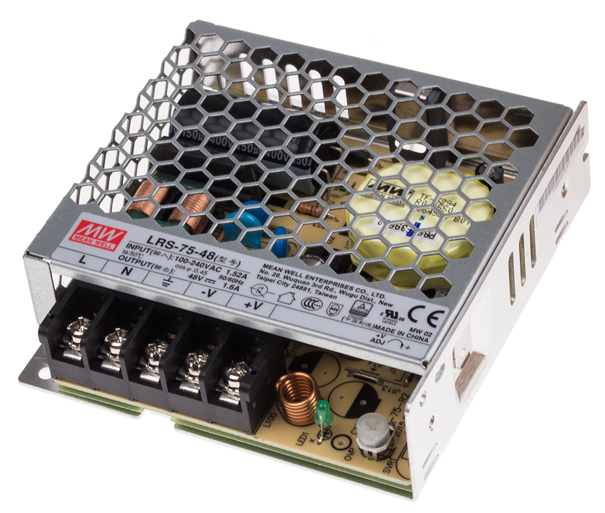 MEAN WELL Switching Power Supply, LRS-75-48, 48V dc, 1.6A, 76.8W, 1 Output, 120 → 373 V dc, 85 → 264 V ac