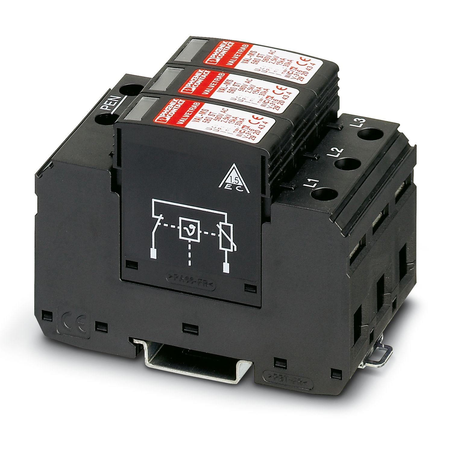 Phoenix Contact Three Phase Surge Arrester, 30kA, =2.5kV, DIN Rail Mount