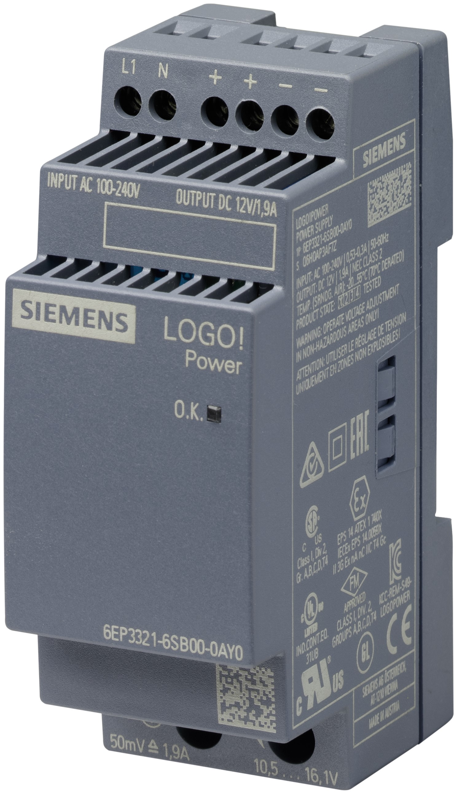 Siemens LOGO POWER Switched Mode DIN Rail Power Supply, 100 → 240V ac, 12V dc dc Output, 1.9A Output, 23W
