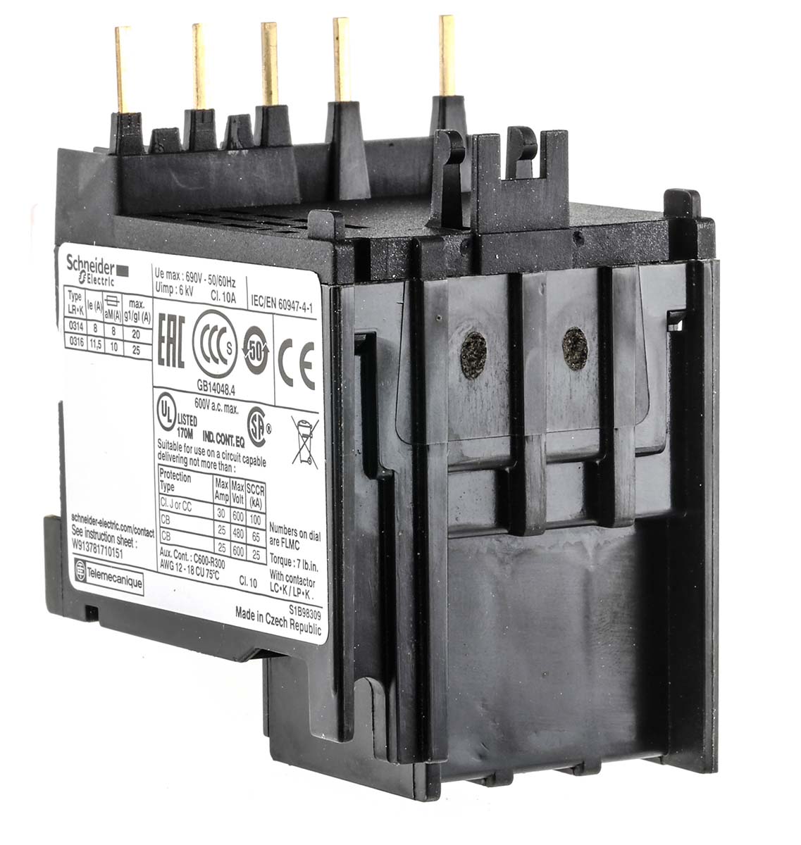 Schneider Electric LR2K Thermal Overload Relay 1NO + 1NC, 8 → 11.5 A F.L.C, 11.5 A Contact Rating, 100 W, 250 V