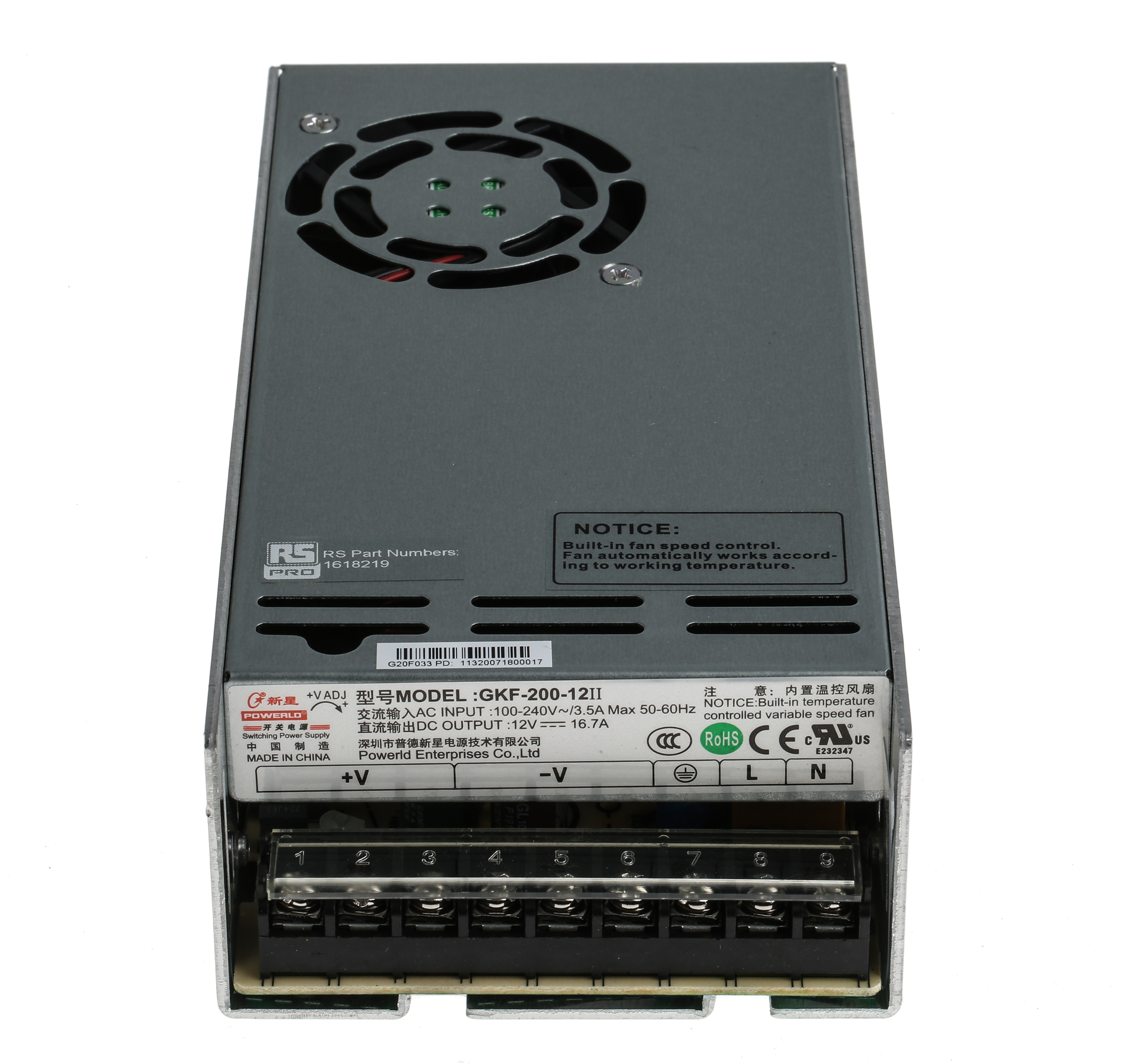 RS PRO Switching Power Supply, 12V dc, 16.7A, 200W, 1 Output, 120 → 370 V dc, 85 → 264 V ac Input Voltage