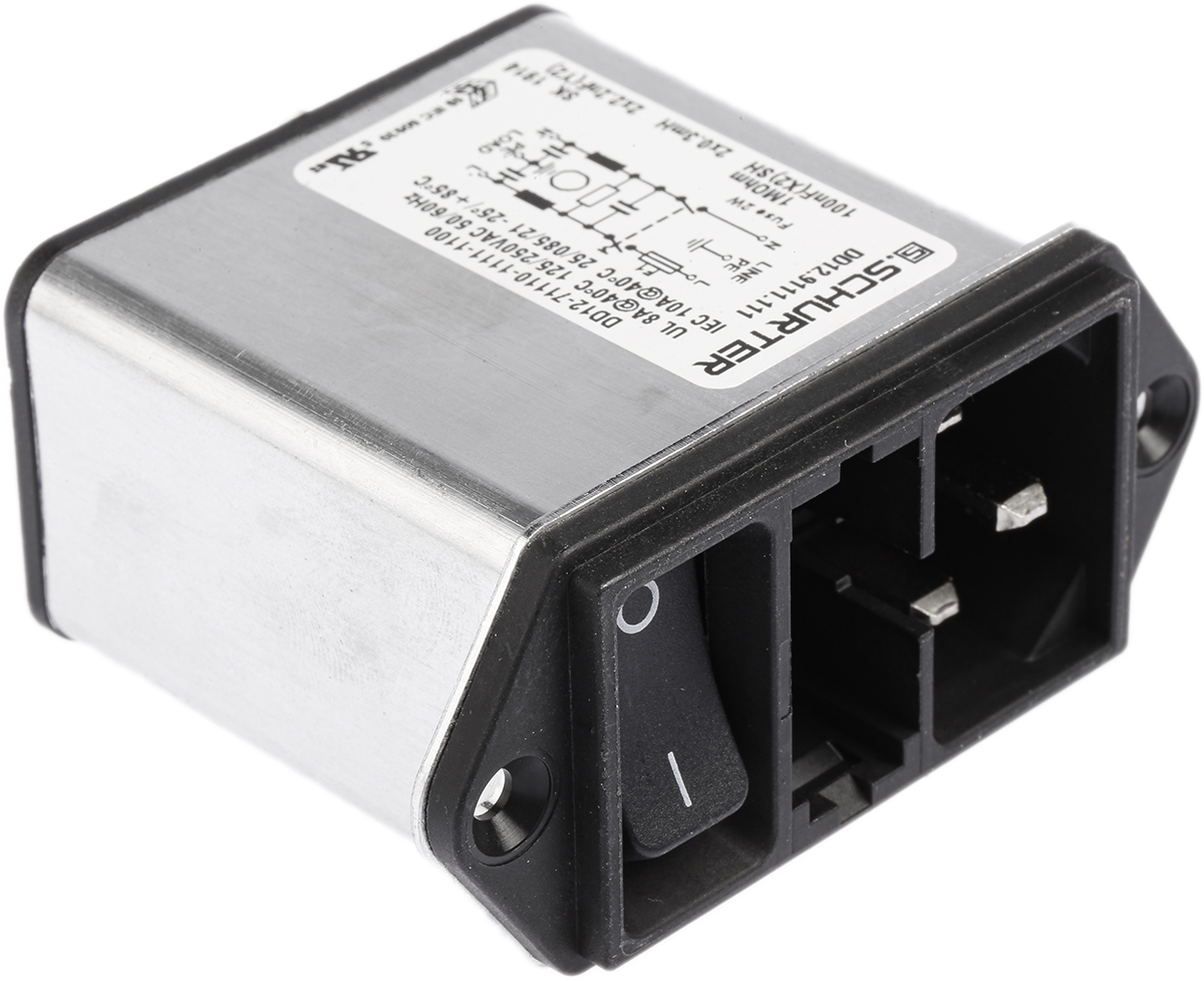 Schurter 10A, 250 V ac Male Panel Mount Filtered IEC Connector DD12.9111.111, Quick Connect Terminals 6.3 x 0.8 mm