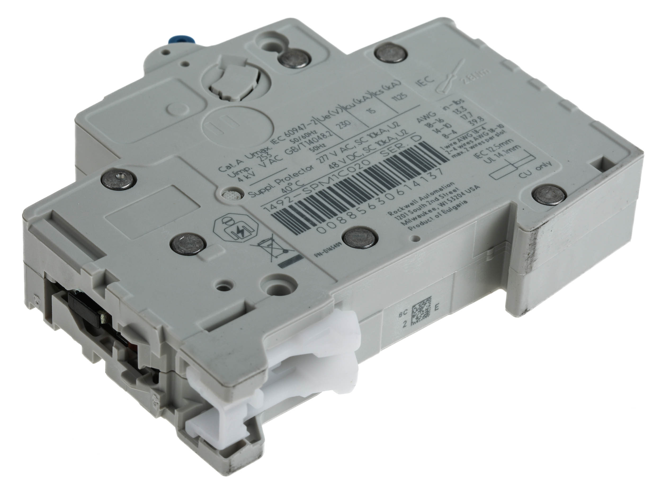 Allen Bradley 1492 1492-SPM MCB, 1P, 2A Curve C, 277V AC, 48V DC, 10 kA Breaking Capacity
