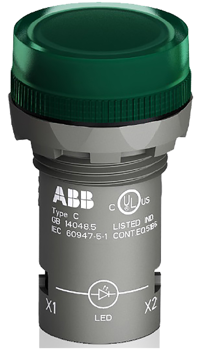 ABB, CL2-502G, Panel Mount Green LED Pilot Light, 22mm Cutout, IP66, IP67, IP69K, Round, 24V ac/dc