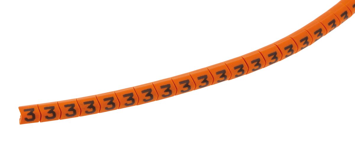 HellermannTyton Helagrip Slide On Cable Markers, Black on Orange, Pre-printed "3", 1 → 3mm Cable, 901-10270