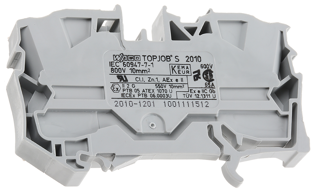 WAGO 2010-1201 TOPJOB S, 2010 Series Grey, 10mm², Single-Level, Push-In Cage Clamp Termination, ATEX, IECEx