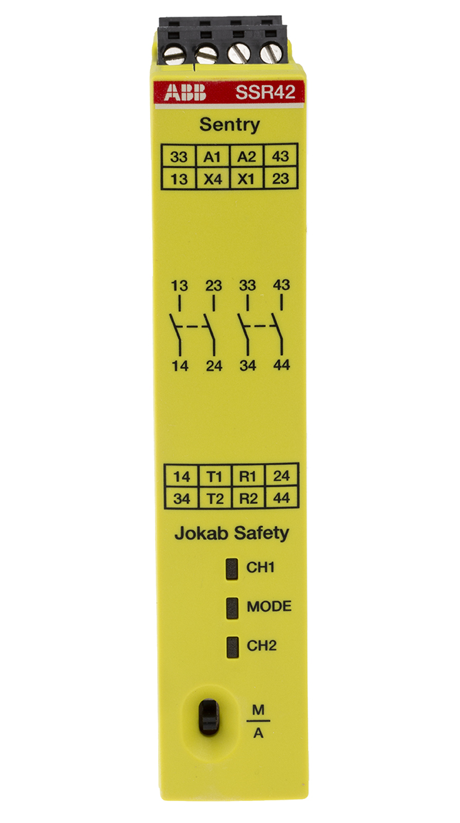 ABB Jokab Sentry SSR42 4 Auxiliary Contacts Safety Relay 24V dc, Dual-Channel 4 Safety Contacts
