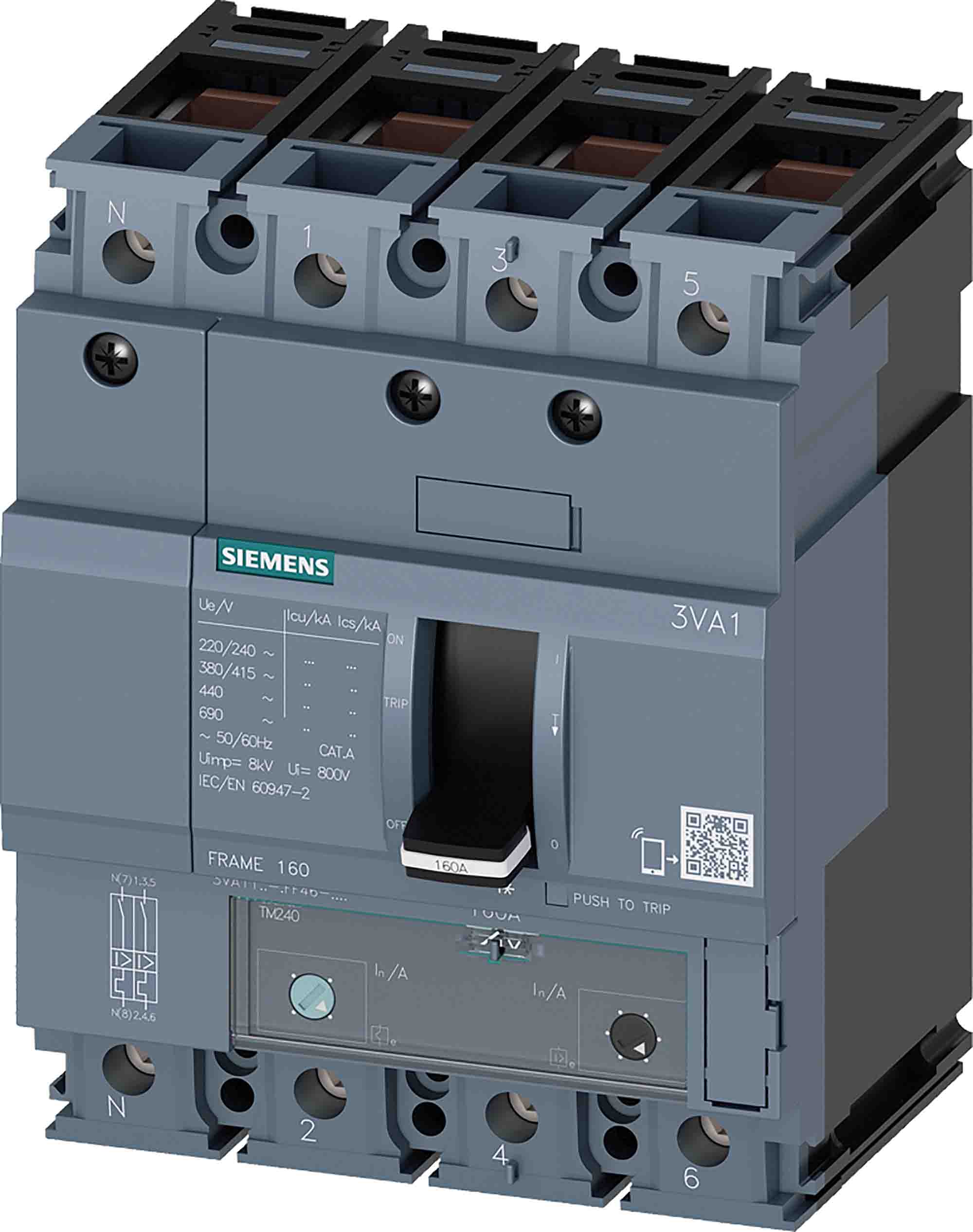 Siemens, 0AA0 MCCB 4P 63A, Breaking Capacity 55 kA, Fixed Mount