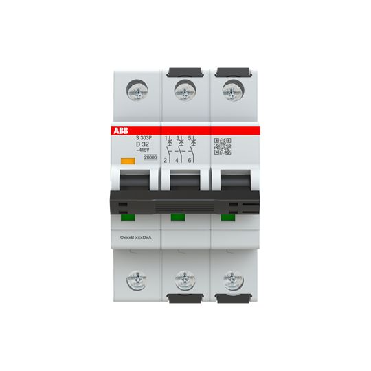 ABB S303 MCB, 3P, 32A Curve D, 415V AC, 125V DC, 15 kA Breaking Capacity