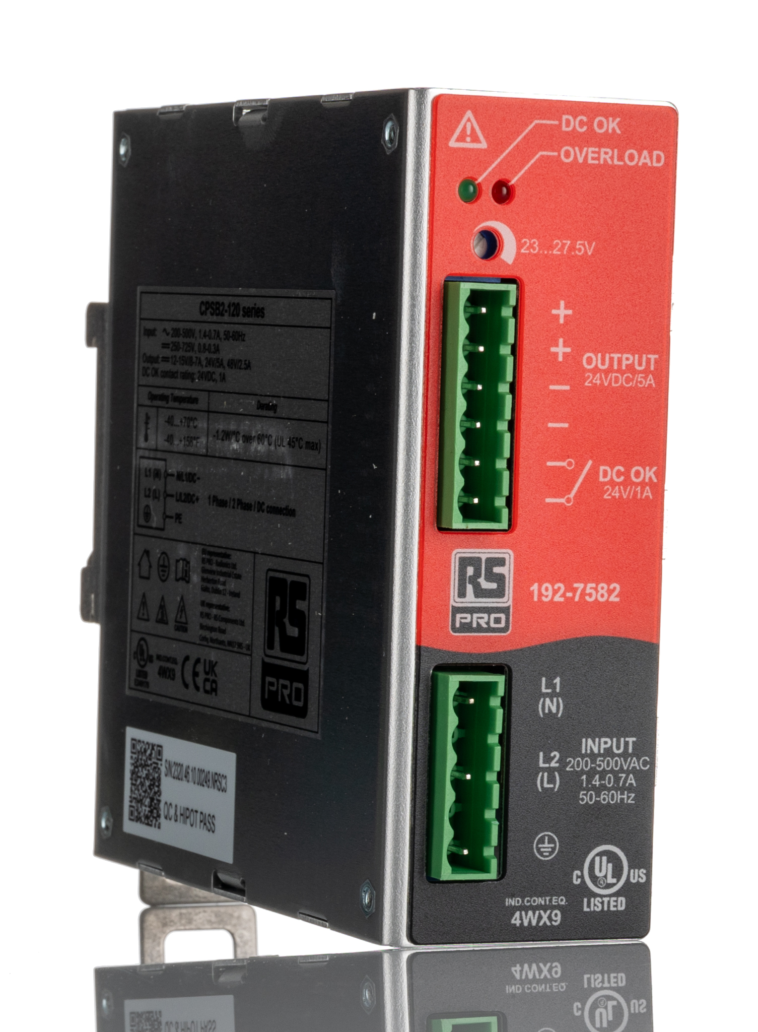 RS PRO Switched Mode DIN Rail Power Supply, 187 → 550 V ac / 270 → 725V dc ac, dc Input, 23 → 28V