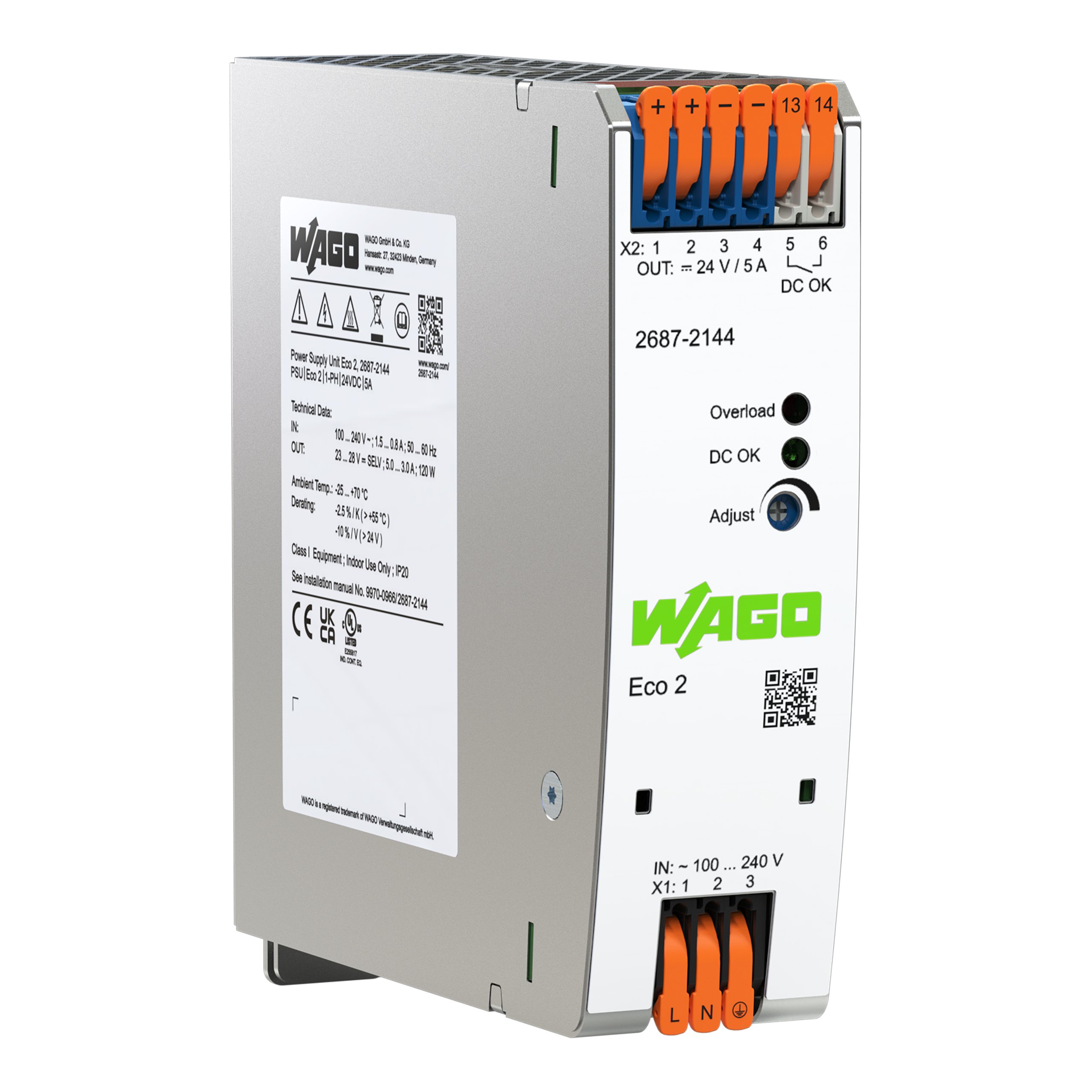 WAGO Switched Mode DIN Rail Power Supply, 90 → 264V, 24V dc, 5A Output, 120W