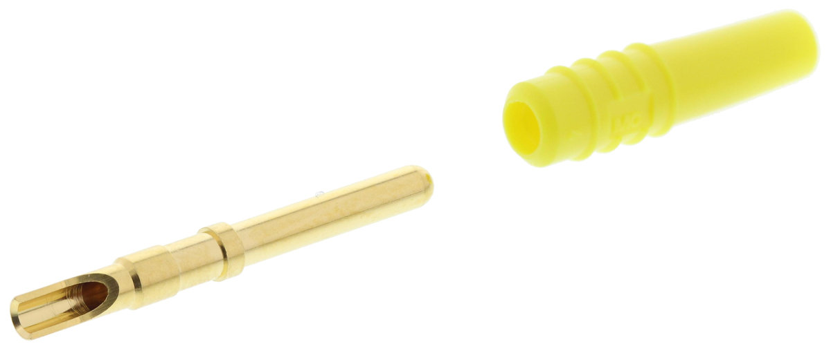 Staubli Yellow Male Test Plug, 2mm Connector, Solder Termination, 10A, 30 V, 60V dc, Gold Plating