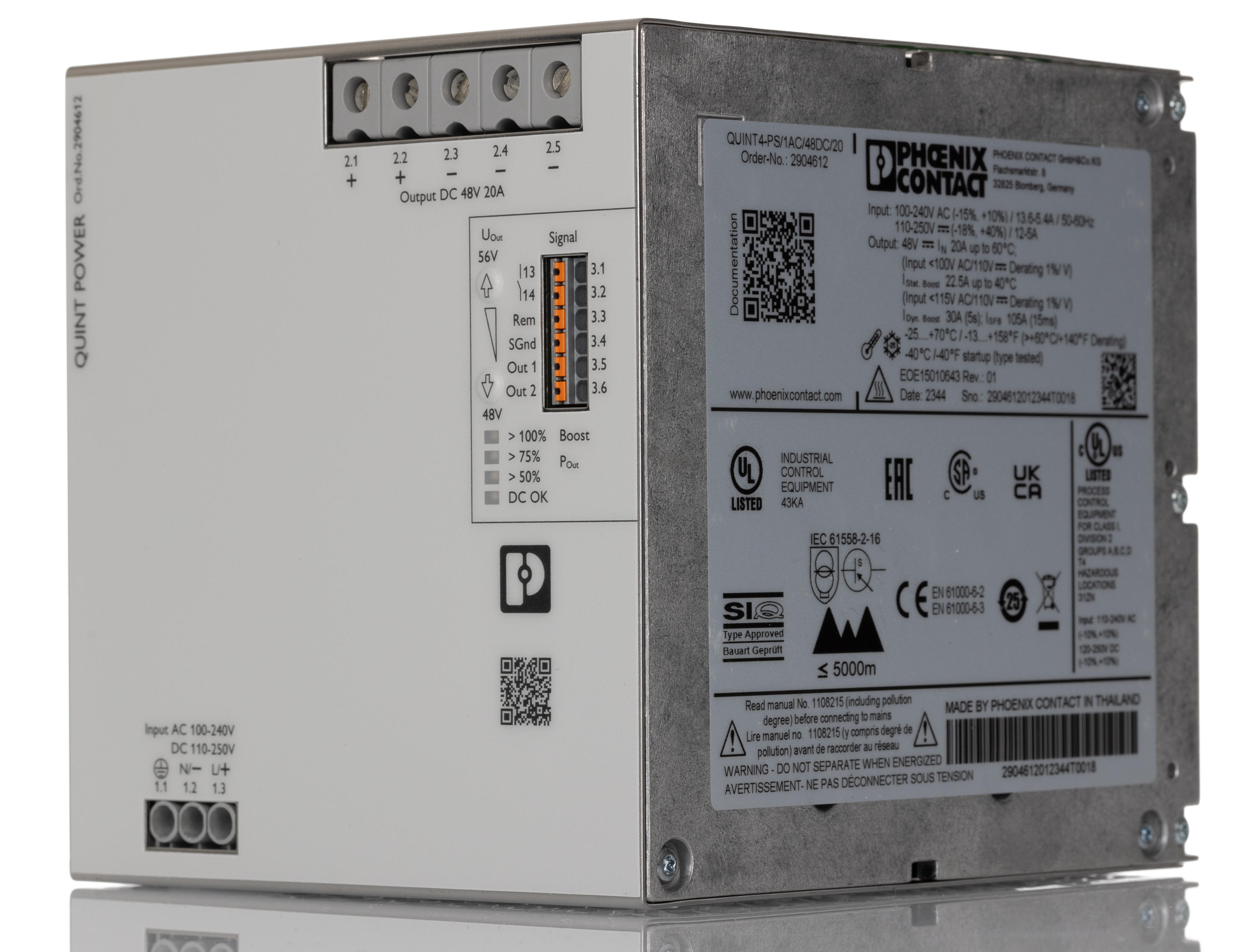 Phoenix Contact QUINT POWER Switched Mode DIN Rail Power Supply, 100 → 240V ac ac Input, 48V dc dc Output, 20A