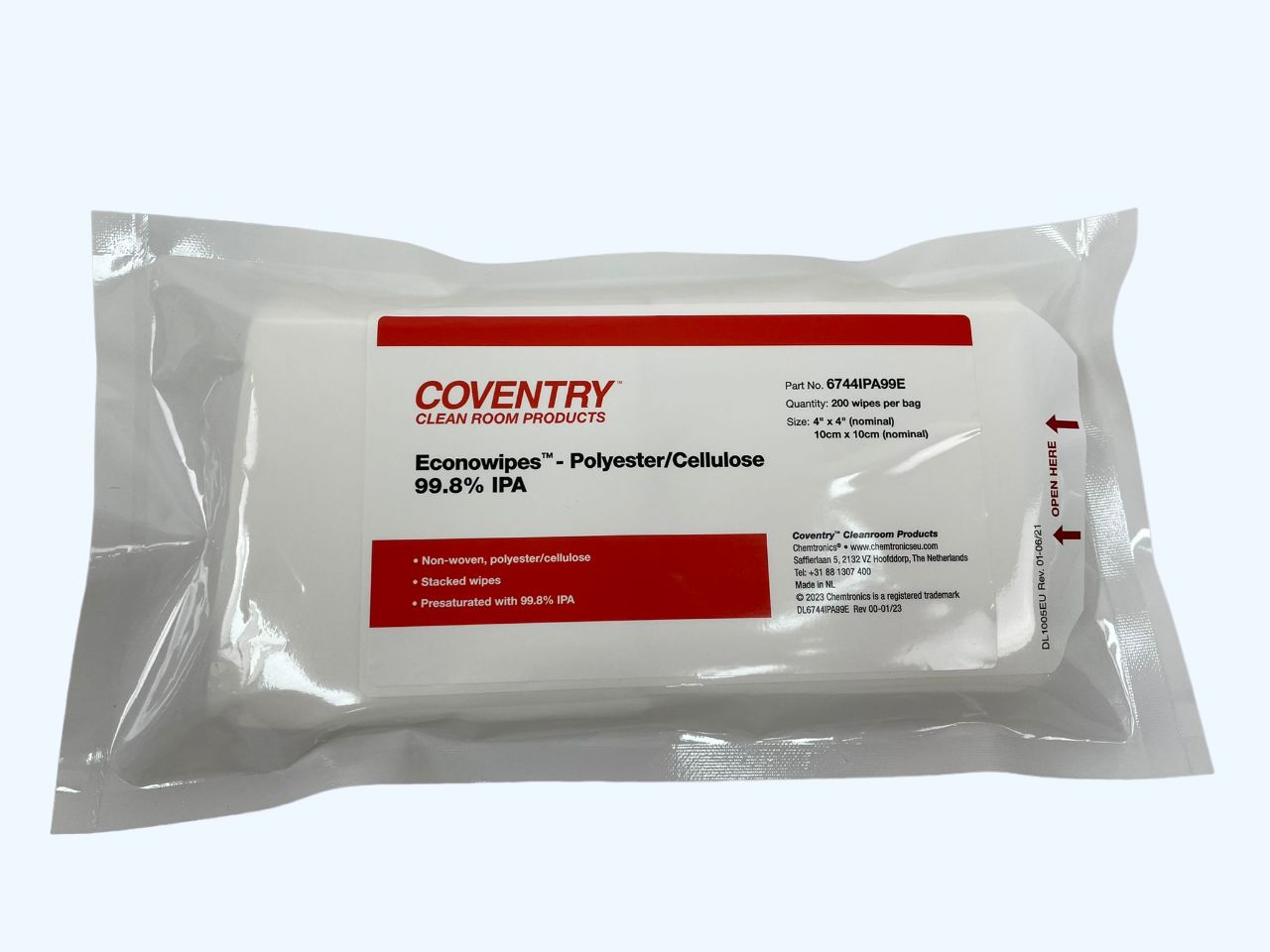 Chemtronics Coventry Econowipes Wet Cleaning Wipes, Bag of 200, 100 x 100mm