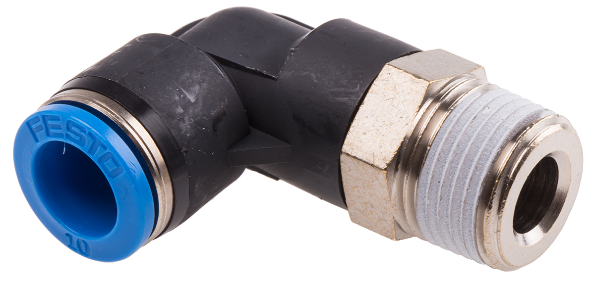 Festo QS Series Elbow Threaded Adaptor, R 3/8 Male to Push In 10 mm, Threaded-to-Tube Connection Style, 153052