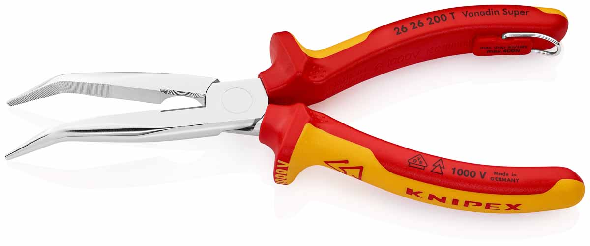 Knipex Long Nose Pliers, 200 mm Overall, Angled Tip, VDE/1000V, 73mm Jaw