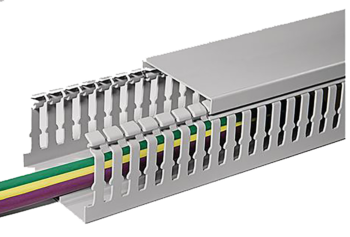 HellermannTyton HTWD-HF Grey Slotted Panel Trunking - Open Slot, W25 mm x D25mm, L2m, Halogen Free PC/ABS