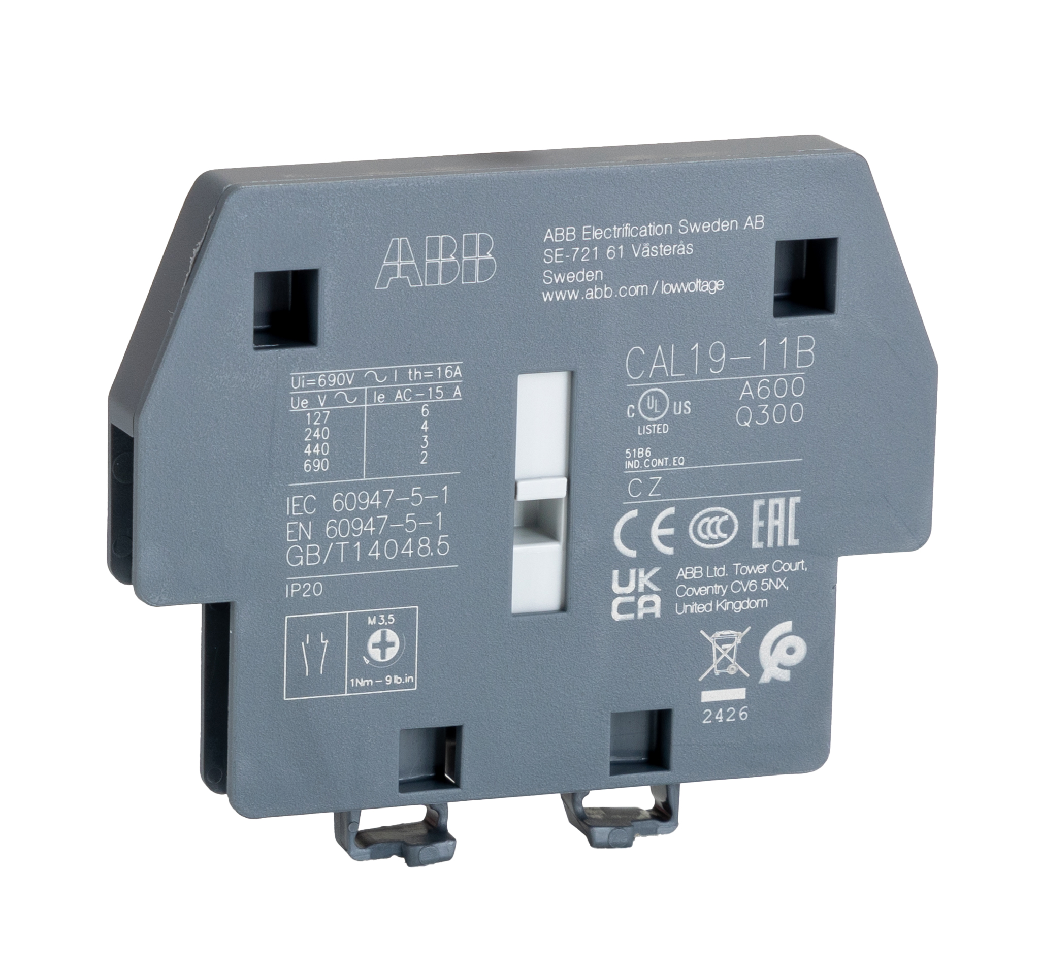 ABB Auxiliary Contact, 4 Contact, 2NC + 2NO, Side Mount CAL19