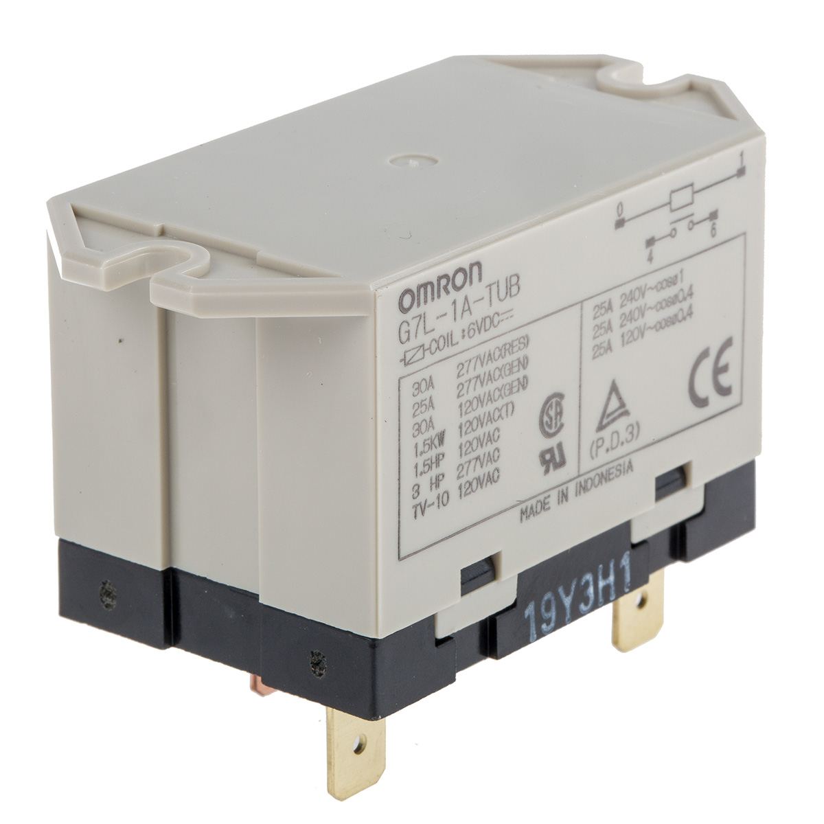 Omron Panel Mount Power Relay, 6V dc Coil, 30A Switching Current, SPST