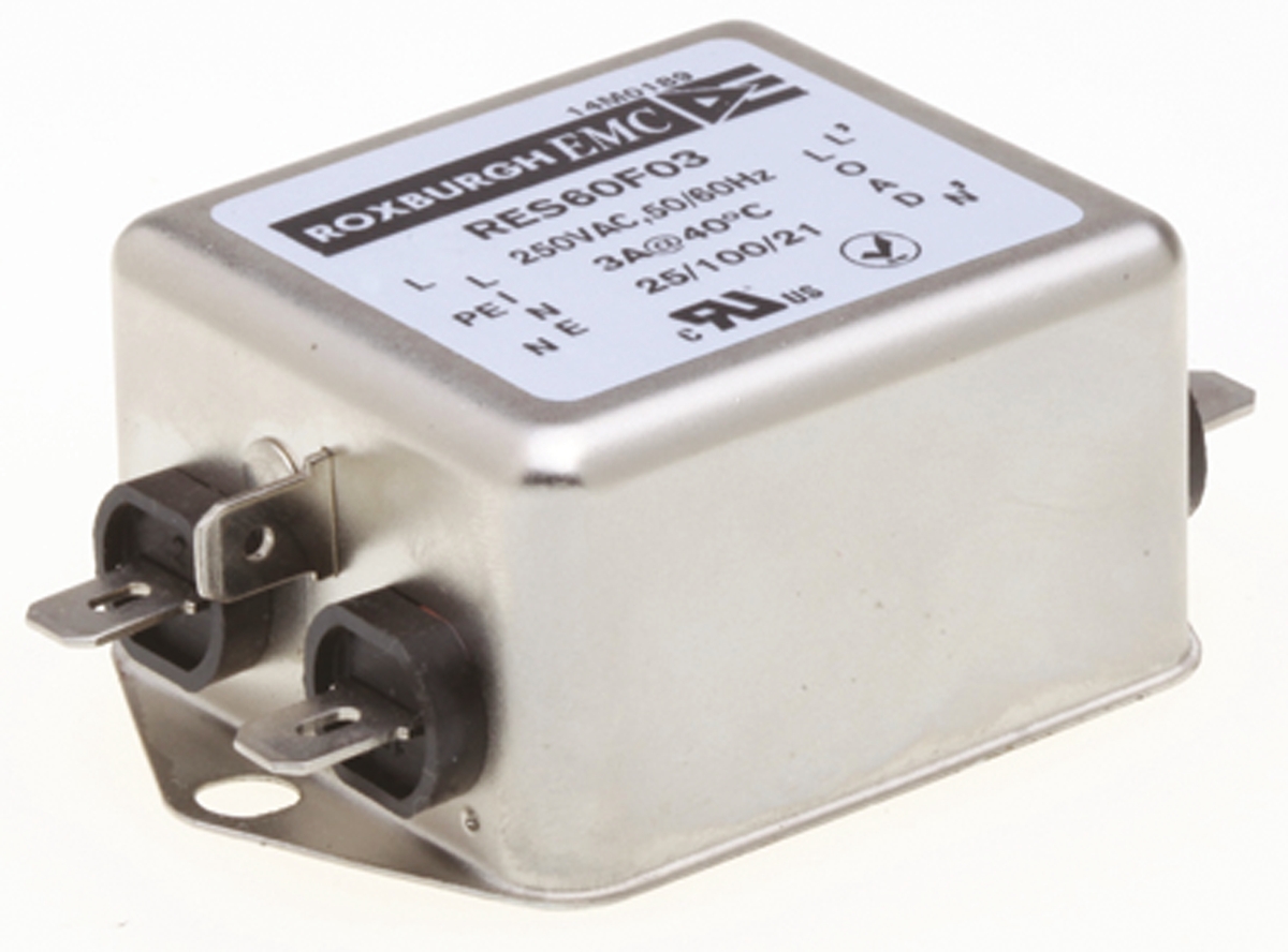 Roxburgh EMC, RES60 3A 250 V ac DC → 400Hz, Chassis Mount RFI Filter, Fast-On, Single Phase