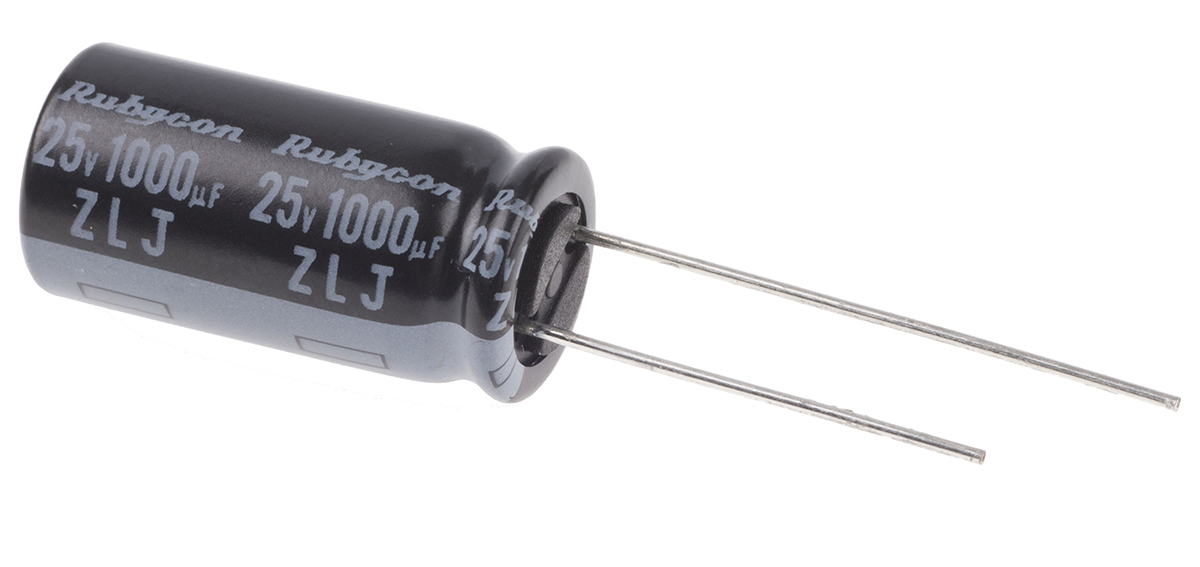Rubycon 1000μF Aluminium Electrolytic Capacitor 25V dc, Radial, Through Hole - 25ZLJ1000M10X20