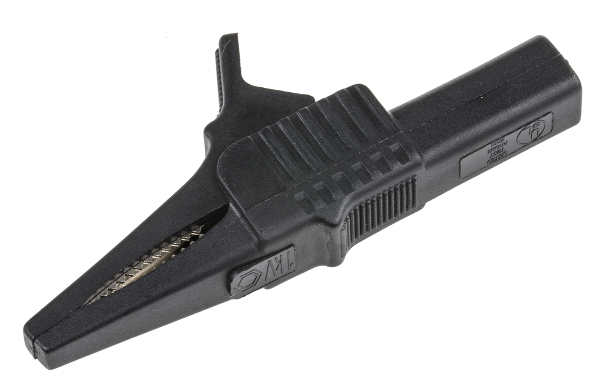 Mueller Electric Crocodile Clip 4 mm Connection, Nickel-Plated Steel Contact, 30A, Black