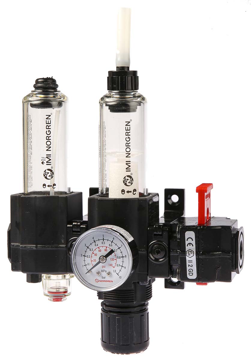 Norgren G 1/4 FRL, Automatic Drain, 40μm Filtration Size - With Pressure Gauge