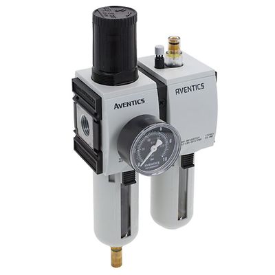EMERSON – AVENTICS G 1/2 Filter Regulator Lubricator, Automatic Drain, 5μm Filtration Size - With Pressure Gauge