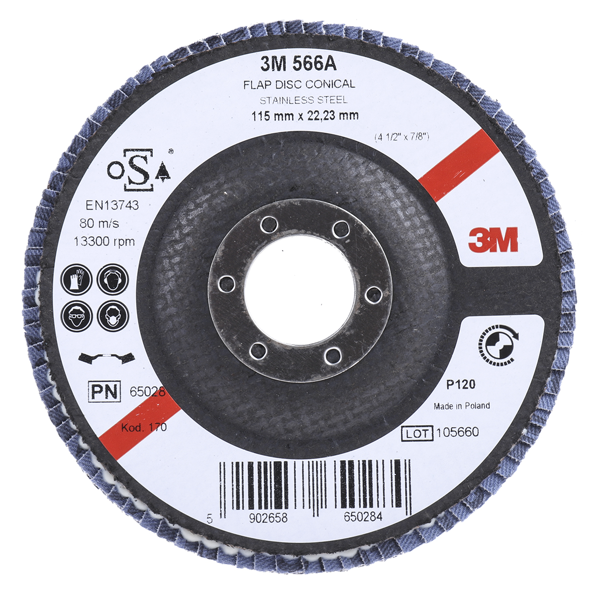 3M 566A Zirconia Aluminium Flap Disc, 115mm, Fine Grade, P120 Grit
