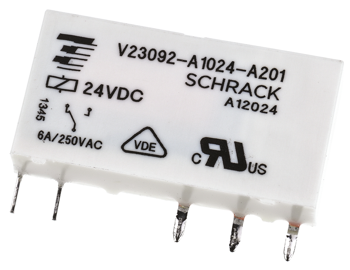 TE Connectivity PCB Mount Power Relay, 24V dc Coil, 6A Switching Current, SPDT