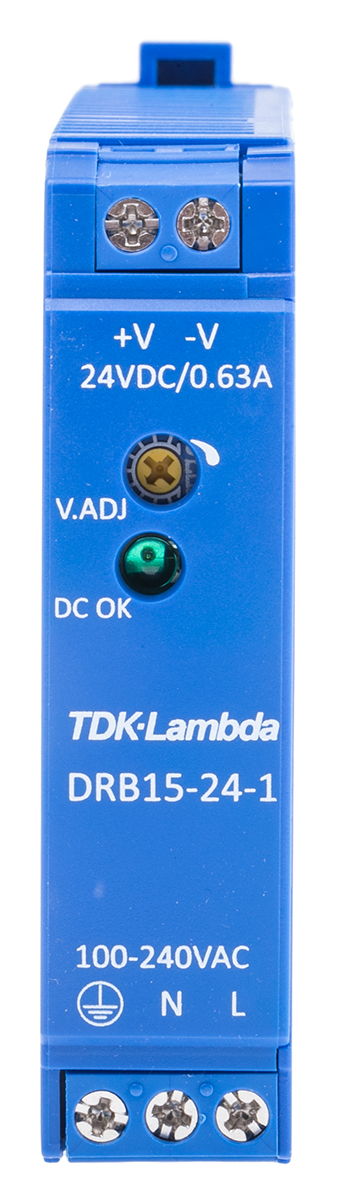 TDK-Lambda DRB Switched Mode DIN Rail Power Supply, 85 → 264V ac ac Input, 24V dc dc Output, 630mA Output, 15W
