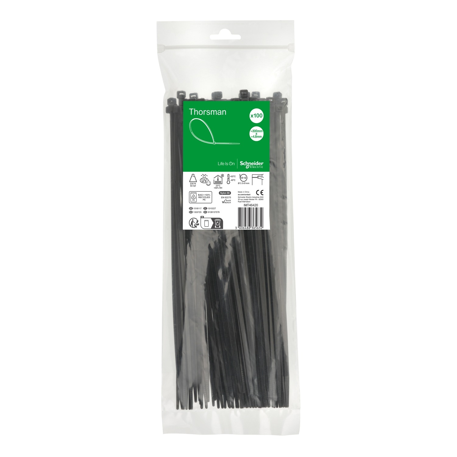 Schneider Electric Cable Tie, , 300mm x 4.8 mm, Black Nylon, Pk-1