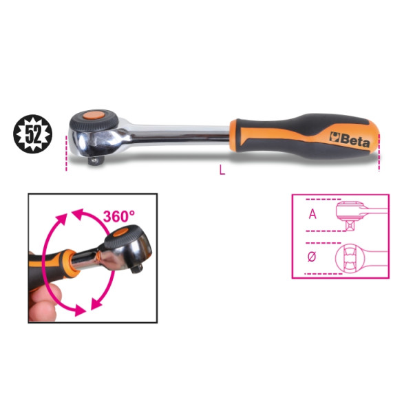 BETA 910/58 3/8 in Round Ratchet with Rotator Handle, 222 mm Overall
