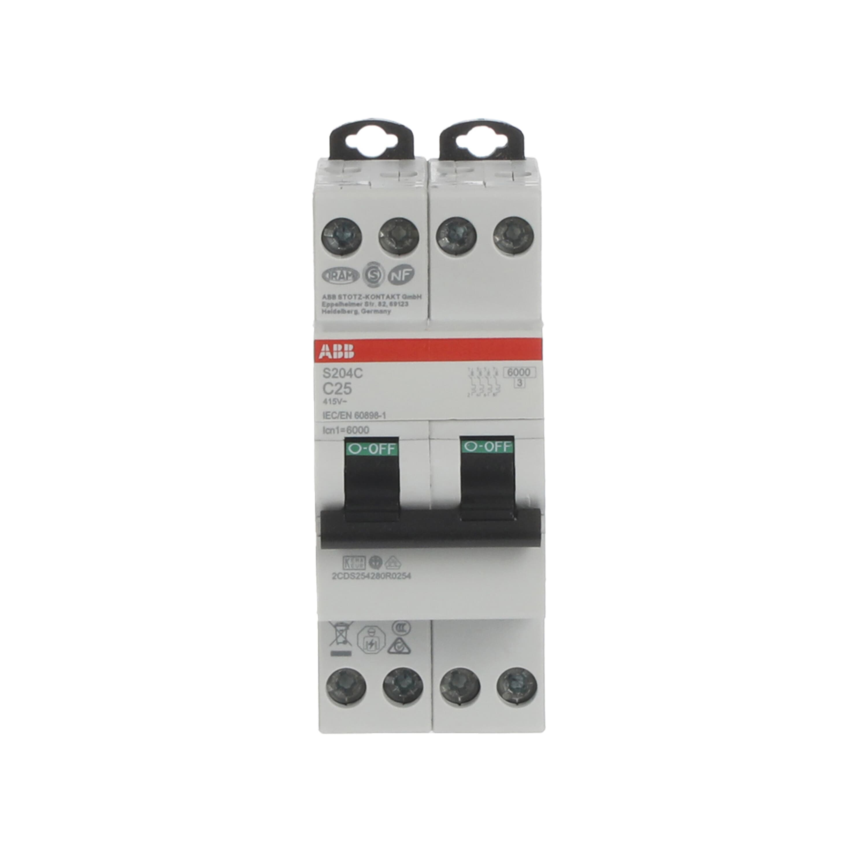 ABB S200C MCB, 4P, 25A Curve C, 415V AC, 6 kA Breaking Capacity