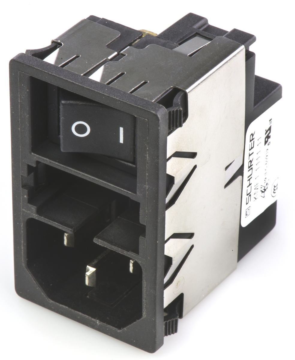 Schurter 1A, 250 V ac Male Snap-In Filtered IEC Connector 2 Pole KMF1.1111.11, Solder 2 Fuse