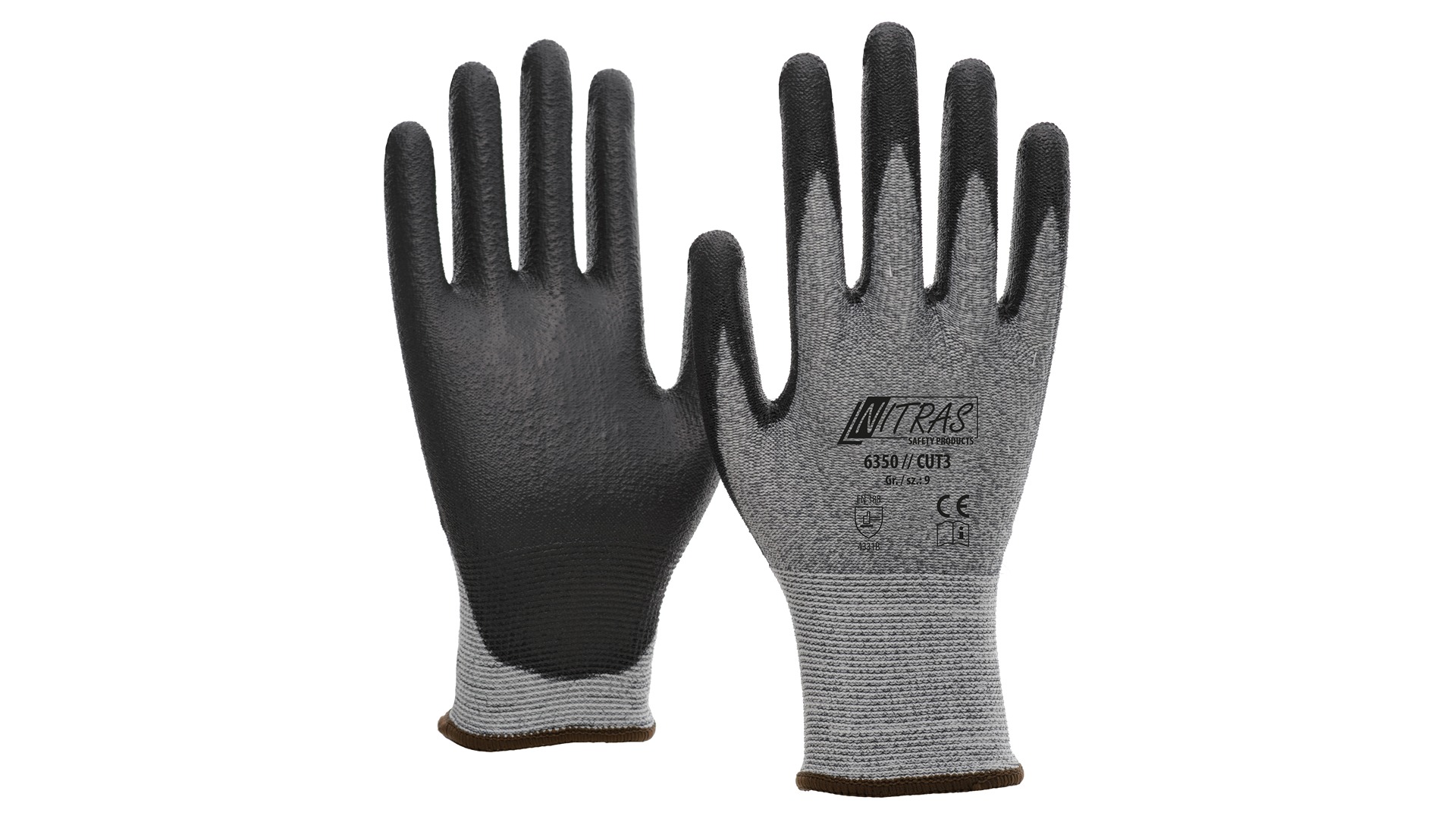 NITRAS SAFETY Black, Grey Yarn Yarn Work Gloves, Size 9, Polyurethane Coating