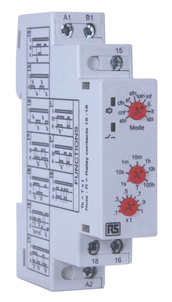 RS PRO DIN Rail Mount Timer Relay, 12 → 240V ac, 1-Contact, 0.1s to 100h, SPDT