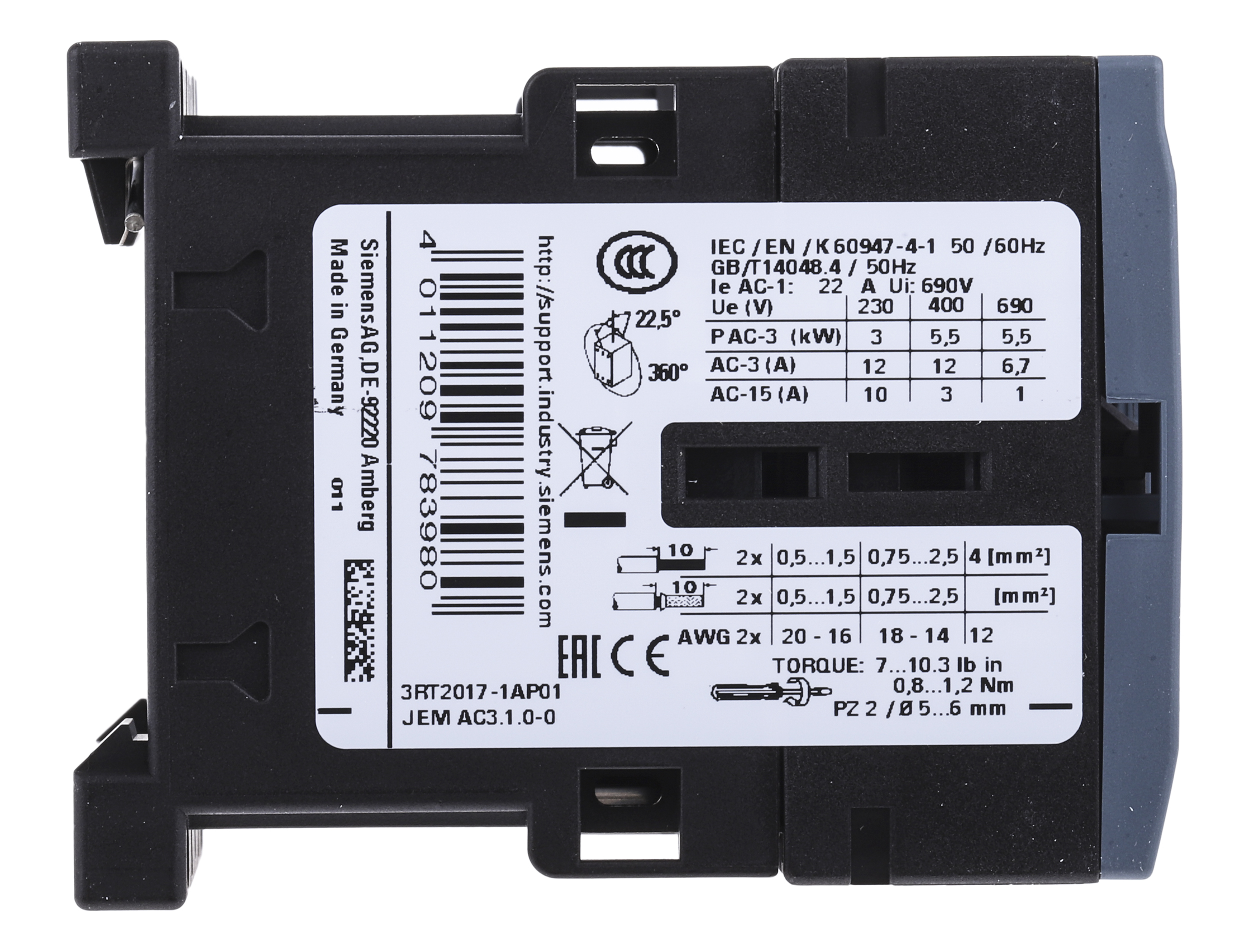 Siemens Sirius Innovation 3RT2 3 Pole Contactor, 3NO, 12 A (AC3), 5.5 kW (AC3), 230 V ac Coil