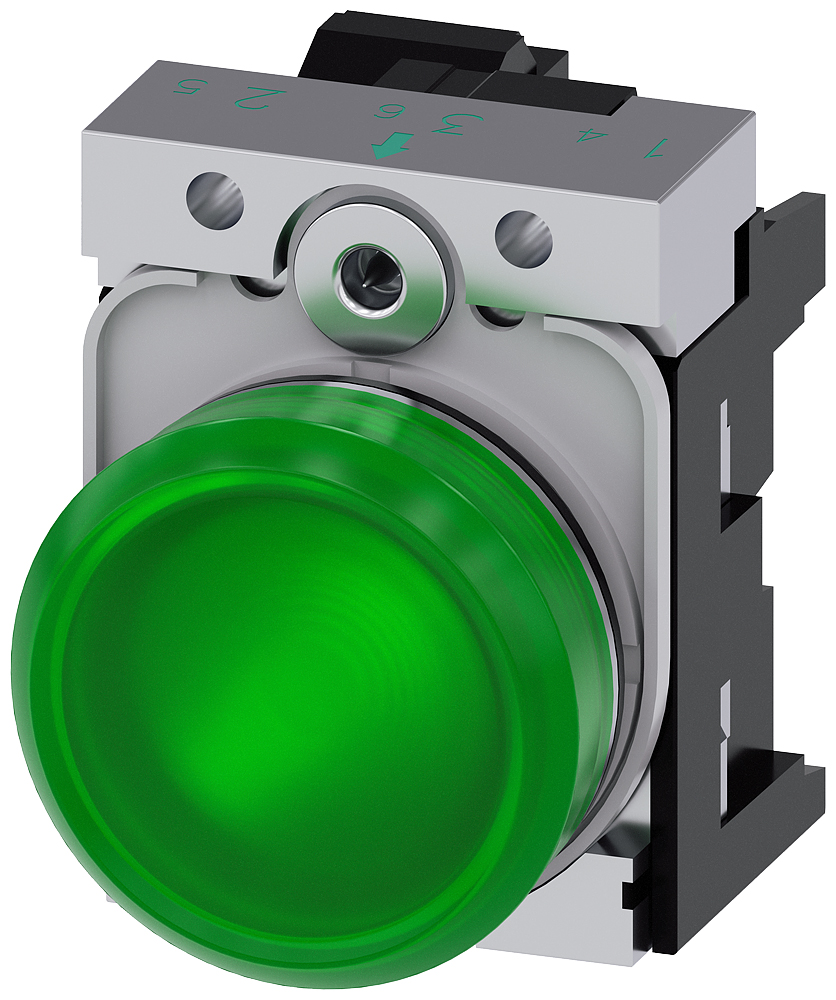 Siemens, SIRIUS ACT 3SU11, Panel Mount Green LED Indicator, 22mm Cutout, Round, 24V ac/dc