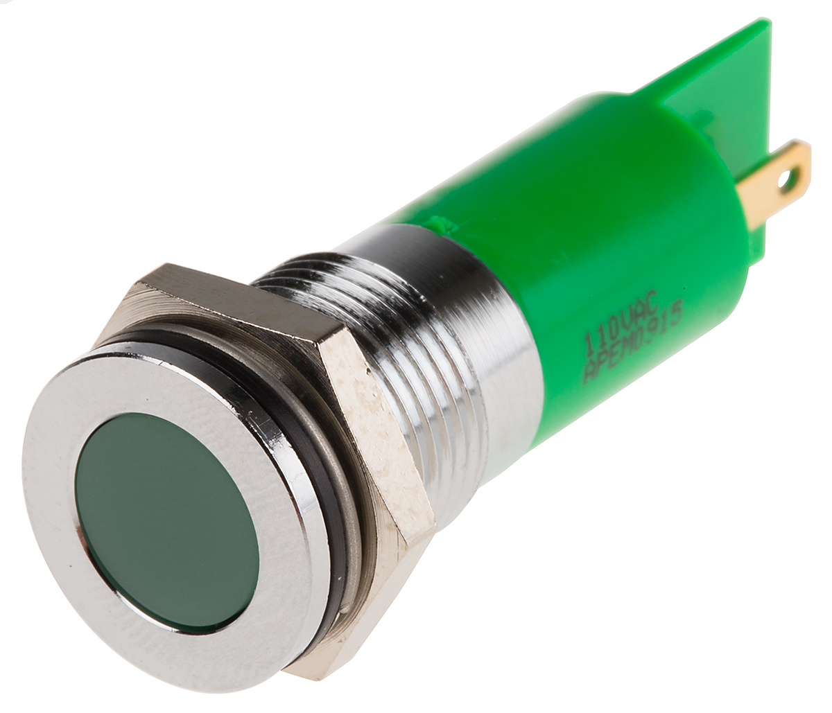 RS PRO Green Panel Mount Indicator, 110V ac, 14mm Mounting Hole Size, Faston, Solder Lug Termination, IP67