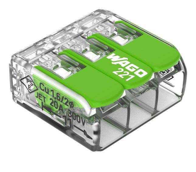WAGO 221 Series Lever Connector, 3-Way, 0.14 → 4 mm² Wire