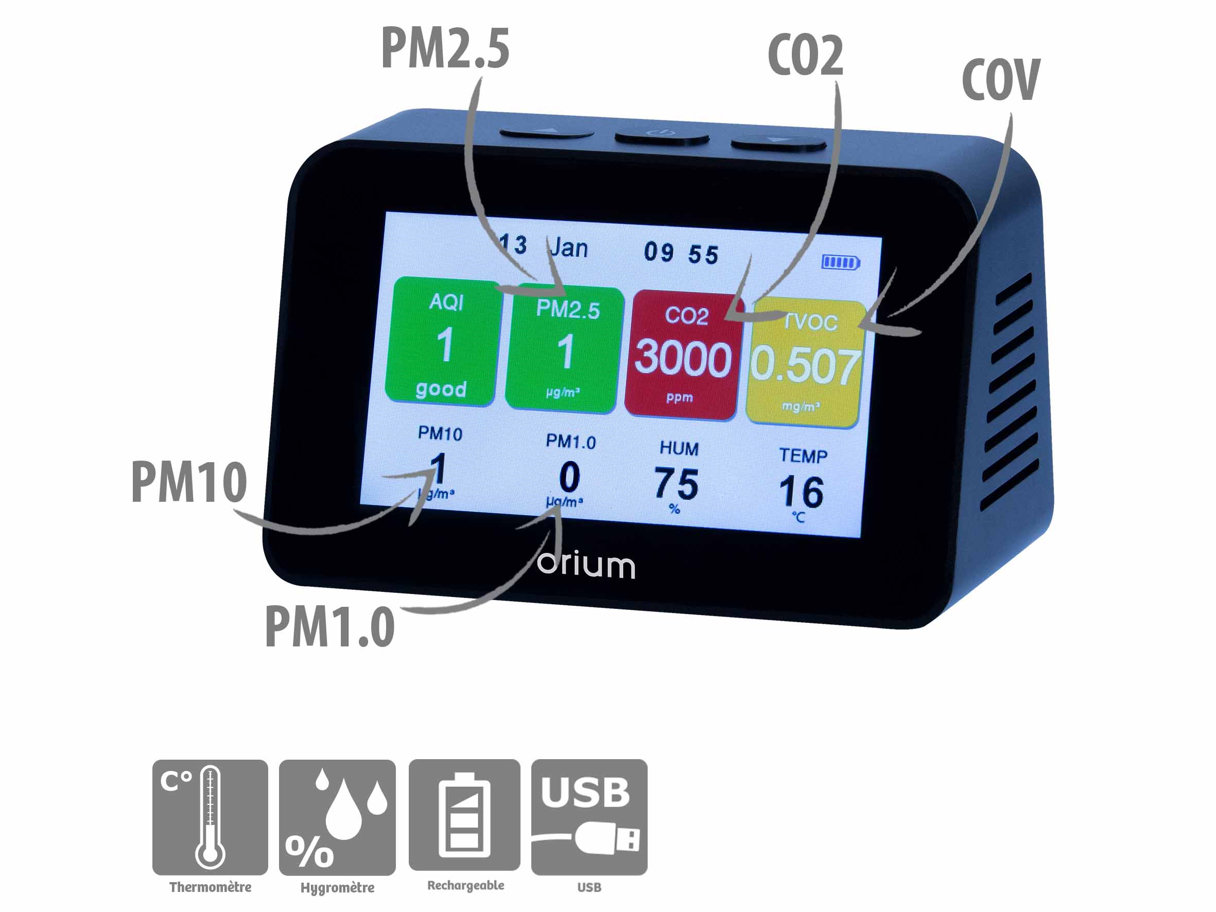 Orium Quaelis 34 Air Quality Meter for CO2, Humidity, Particulate Matter, Temperature, TVOC, +50°C Max, 90%RH Max