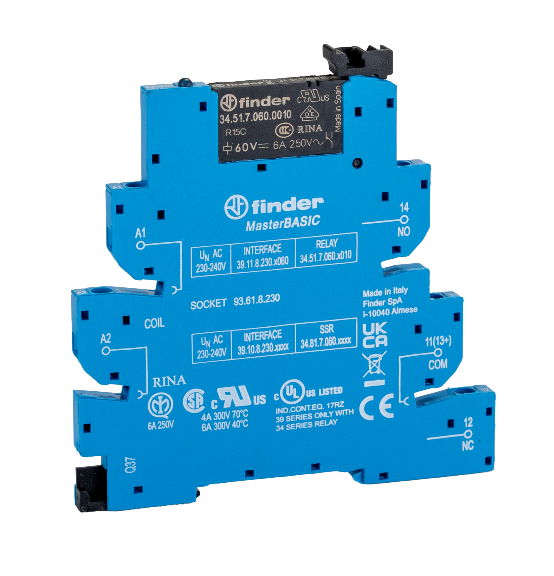 Finder 39 Series Interface Relay, DIN Rail Mount, 240V ac Coil, SPDT, 1-Pole, 6A Load