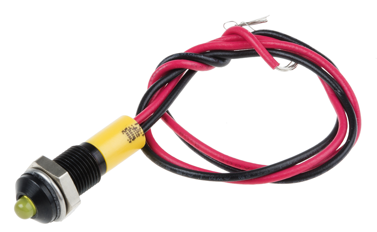 RS PRO Yellow Panel Mount Indicator, 24V dc, 6mm Mounting Hole Size, Lead Wires Termination, IP67