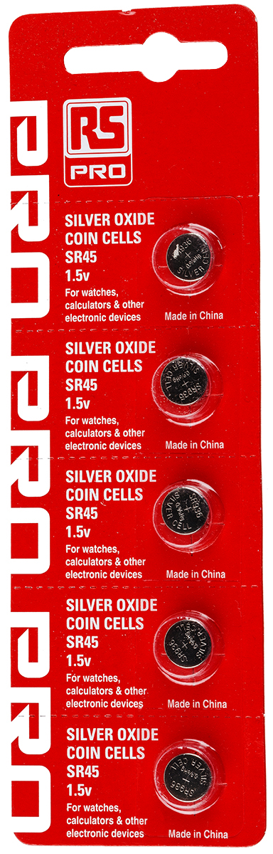 RS PRO SR45 Button Batteries, 1.55V, 9.5mm Diameter, 5 Pack