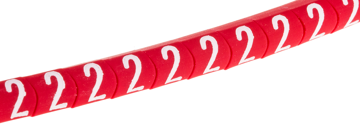 HellermannTyton Helagrip Slide On Cable Markers, White on Red, Pre-printed "2", 1 → 3mm Cable, 901-10269
