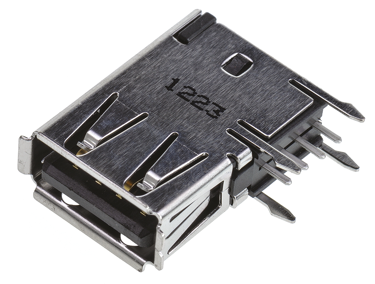 TE Connectivity Right Angle, Through Hole, Socket- Single Port Type A 2.0 USB Connector