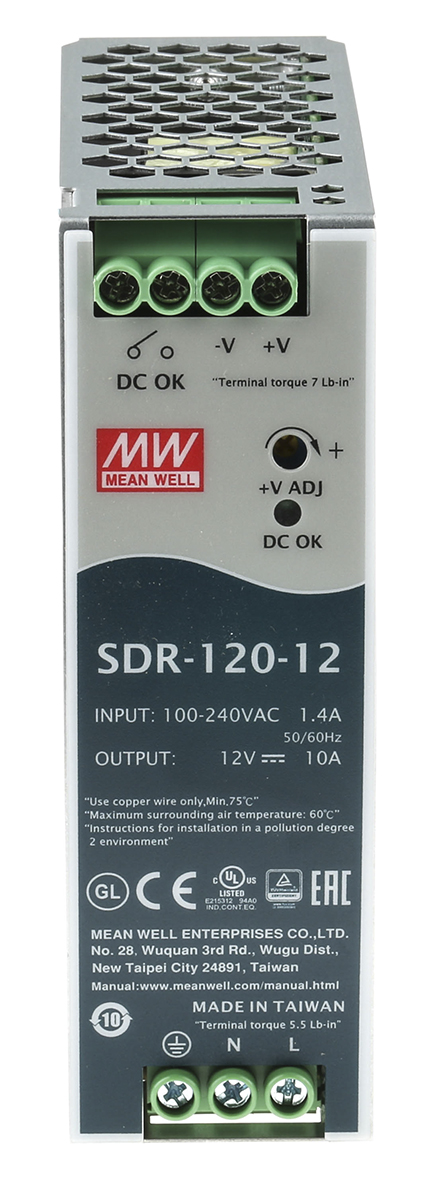 MEAN WELL SDR Switched Mode DIN Rail Power Supply, 88 → 264V ac ac Input, 12V dc dc Output, 10A Output, 120W