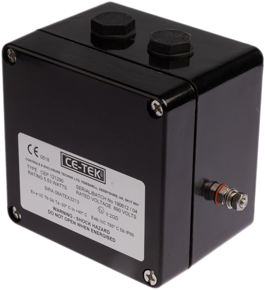 CE-TEK CEP Series Black Polyester Junction Box, IP66, 10 Terminals, ATEX, 122 x 120 x 90mm