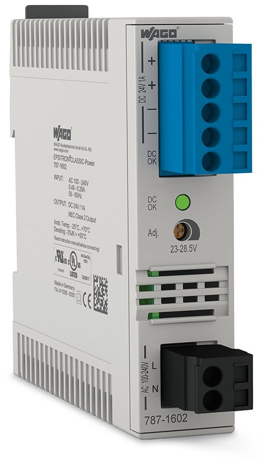 WAGO 787 Switched Mode DIN Rail Power Supply, 230V ac Input, 24V dc dc Output, 1A Output, 24W